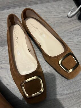 Aurelia Tan Suede Square-Toe Flats with Gold Buckle Accent